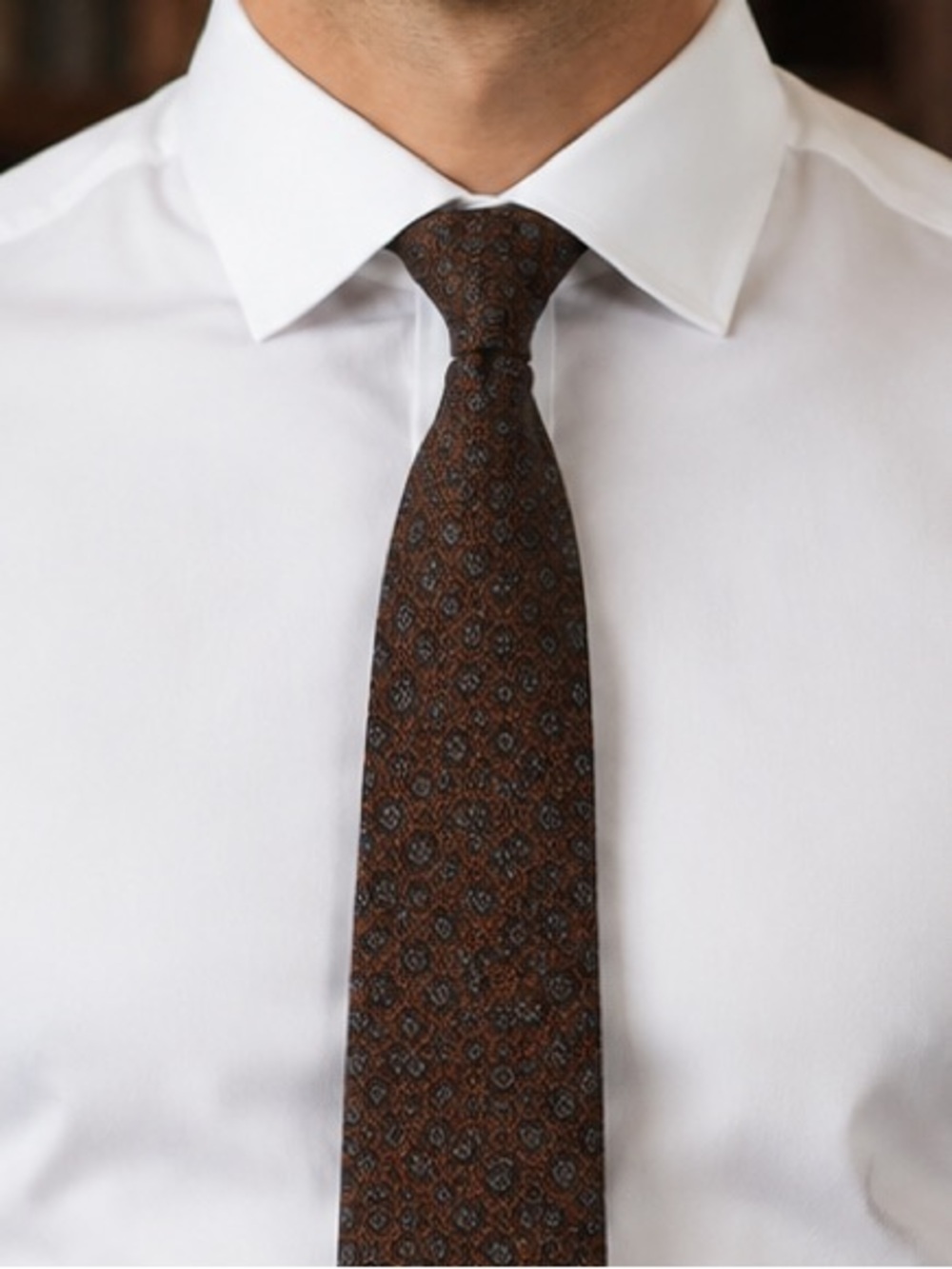Isaia Textured Silk Chocolate-Brown Ground w/ Geometric Medallions.
